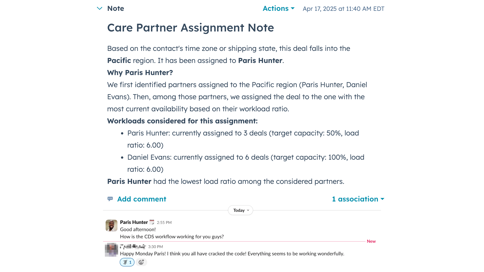 A sample note created along with praise from the internal stakeholder