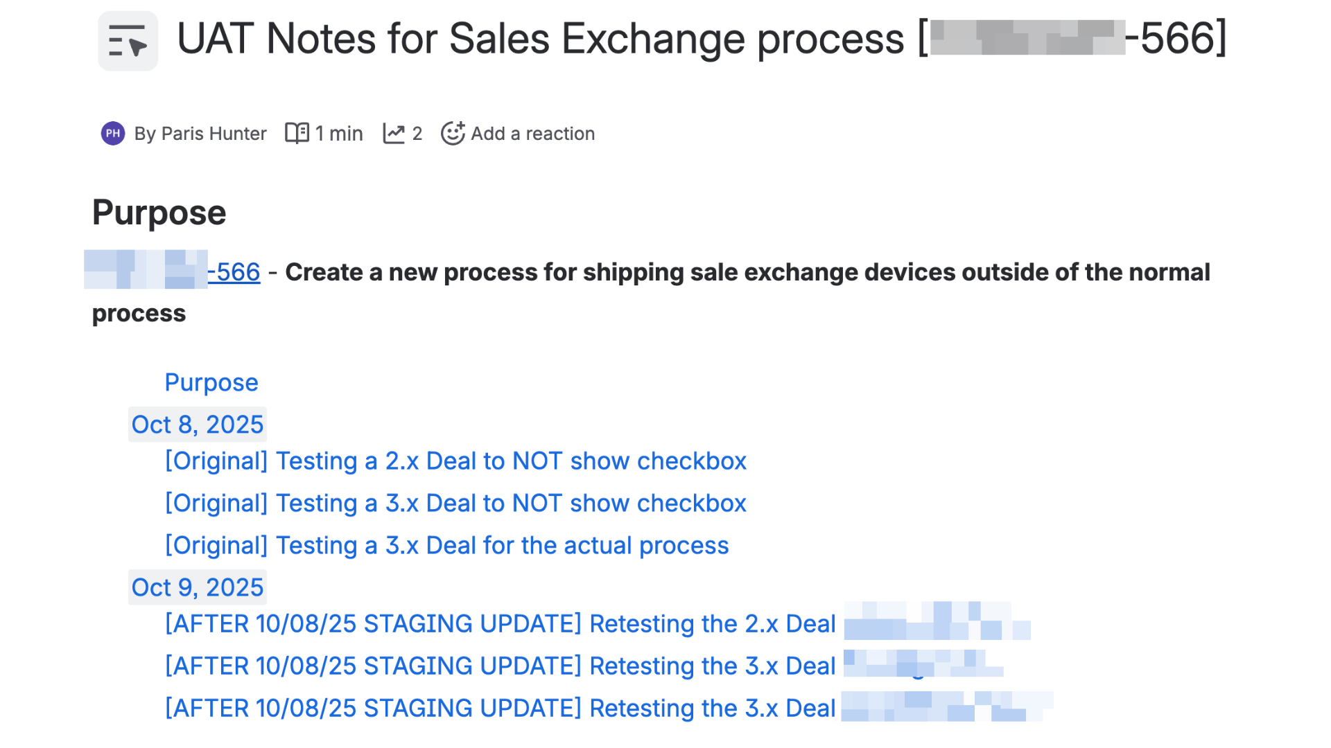 screenshot of the shared Confluence page table of contents highlighting the UAT for internal stakeholders