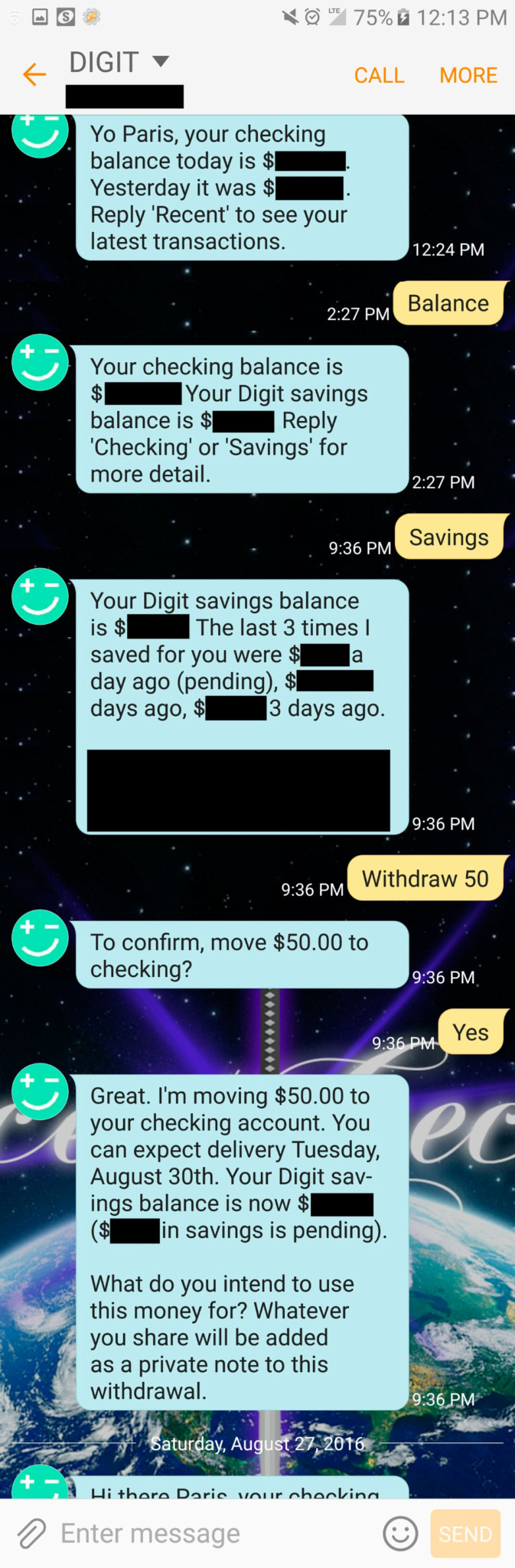 Withdrawing $50 through SMS using Digit digit vs qapital